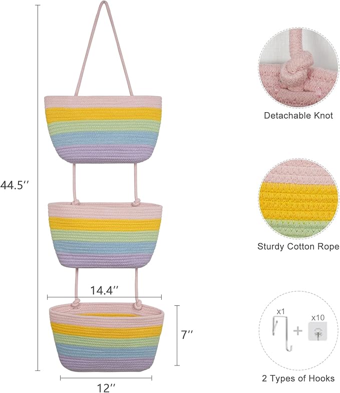 TeoKJ Over the Door Hanging Basket, 3-Tier Woven Cotton Wall-Mounted Storage Organizer Bag Decorative Hanging Nursery Baskets