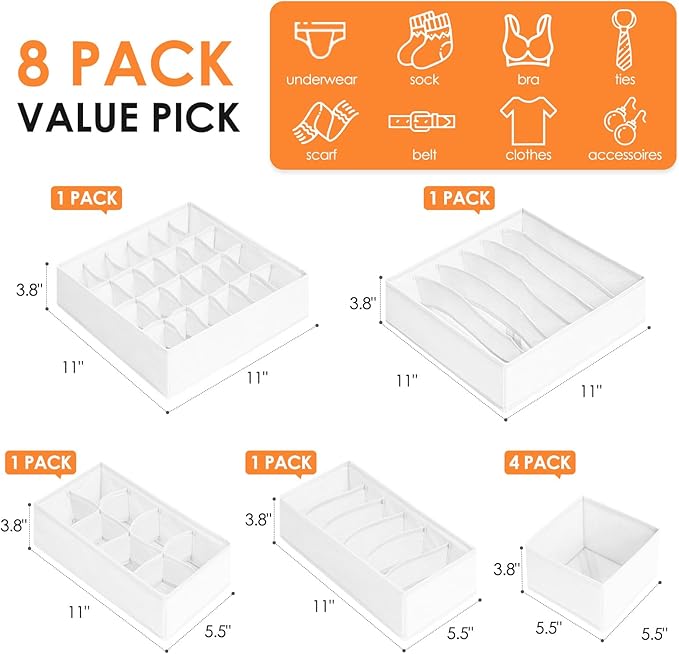 Criusia Drawer Organizer Clothes, 8 Pack Dresser Organizer Bins for Baby Clothes, Underwear Sock, Fabric Closet Organization 