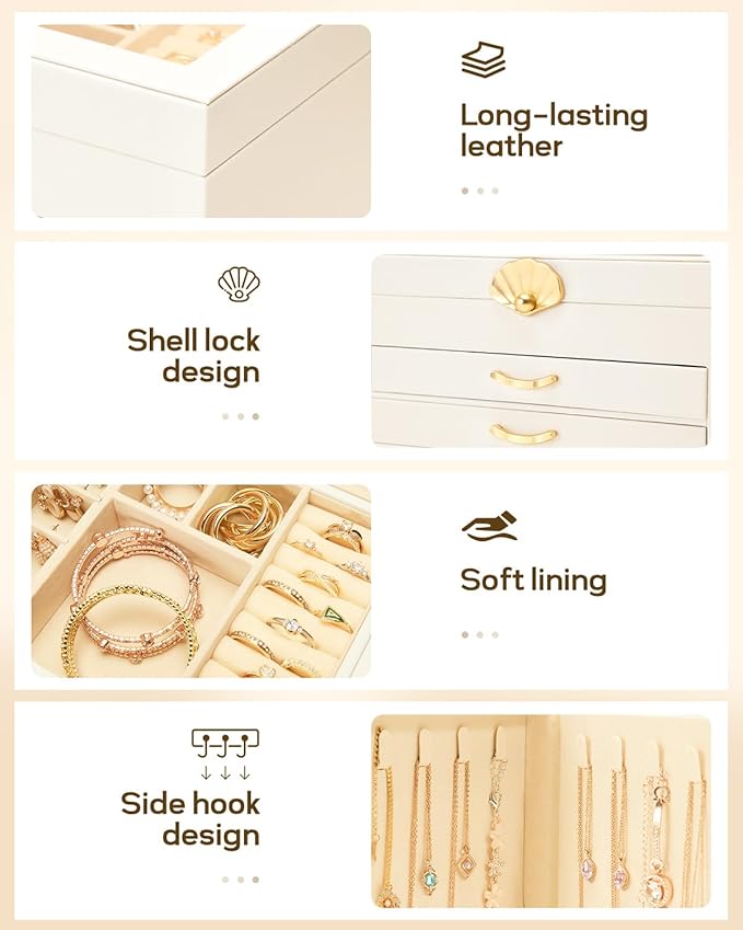 Enthralite Jewelry Box with 3 Drawers: Display Organizer for Earrings Necklaces - Gift for Girls Women (White)