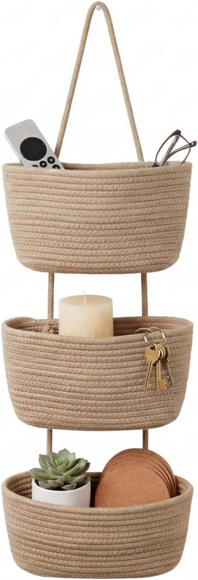 Hanging Wall Basket, Over the Door Hanging Basket with Hooks, Cotton Back of Door Organizer for Living Room, Bedroom, Boho Wa
