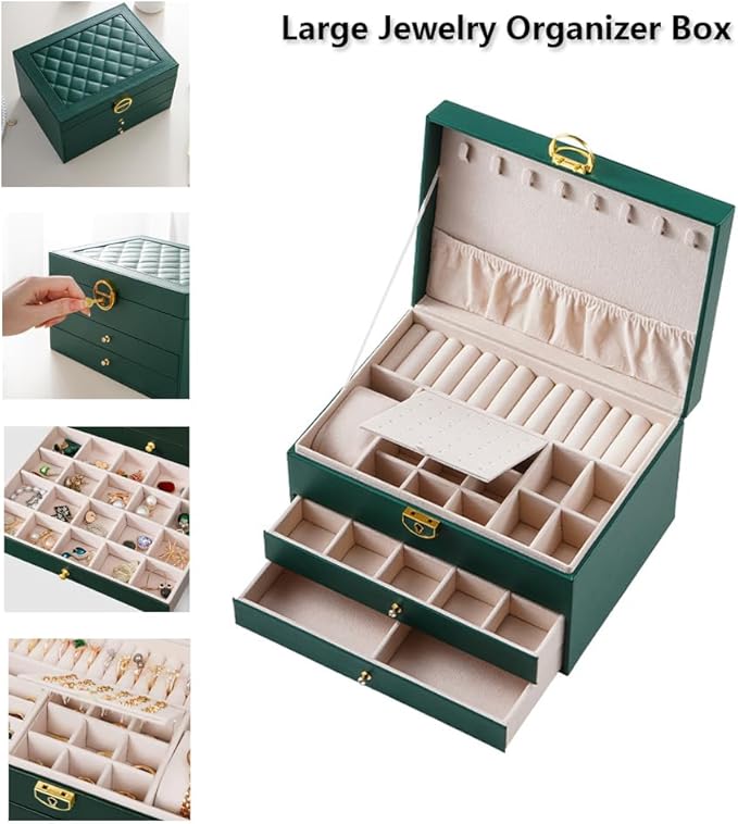 GUOER Jewelry Box for Women Girl Wife 3 Layers Large PU Leather Jewelry Organizer Storage Case with Two Layers Display for Ea