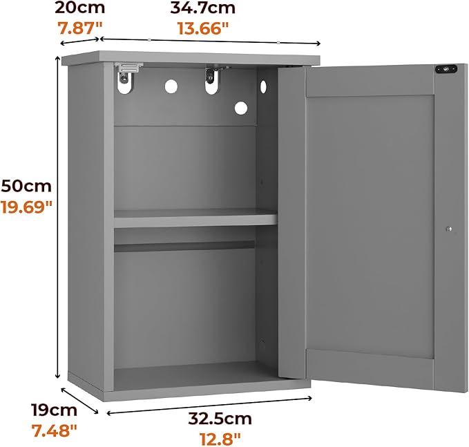 VINGLI Bathroom Wall Cabinet, Gray Medicine Cabinet with Single Door, Small Over Toilet Storage Organizer with Adjustable She