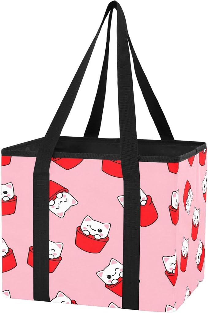 Cartoon Cat Pattern Reusable Grocery Bags Large Shopping Tote Bag with Reinforced Bottom Board, Water Resistant Foldable Stor