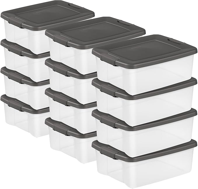 Sterilite 12-Pack ShelfTote, Clear Plastic Storage Bins with Lids, 25 Quart, Gray - Stackable Organizing Container Boxes for 