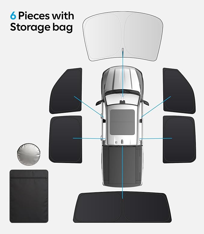 Wigoo 2026 Upgrade 6PCS Full Set Window Sunshade for Dodge Ram 1500 2019-2026 [7-Layer Cooler & Blacker, Ice-Crystal Tech] with Windshield for Sun Block, Baby, Camping, Privacy Napping, Relax