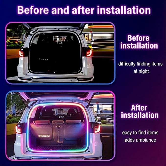 RGB LED Strip for Car Trunk Interior, Waterproof IP67 Multi-Color Car Trunk Lighting with Music Sync, Universal Car LED Strip Lights Decor