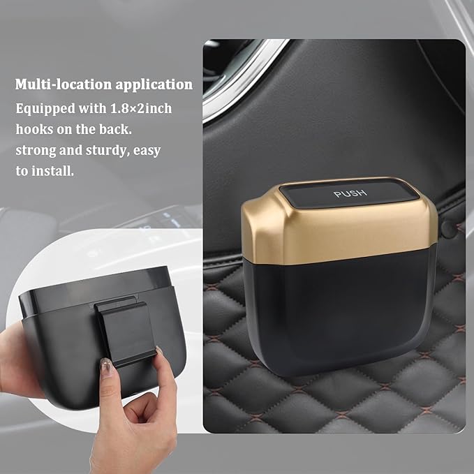 2PCS Car Trash Can with Lid + 60PCS Garbage Bag,Mini Trash Can Car Interior Accessories,Multifunctional ABS Car Organizers and Storage (Gold)