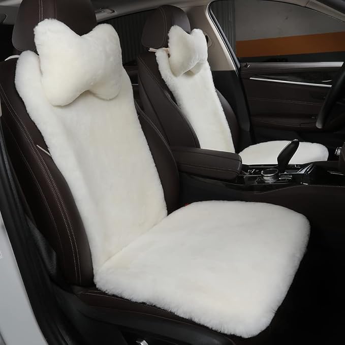 OGLAND 2 Pack Fluffy Fuzzy Fur Sheepskin Car Seat Covers for Universal Auto Plush Seat Cushion Accessories (White)