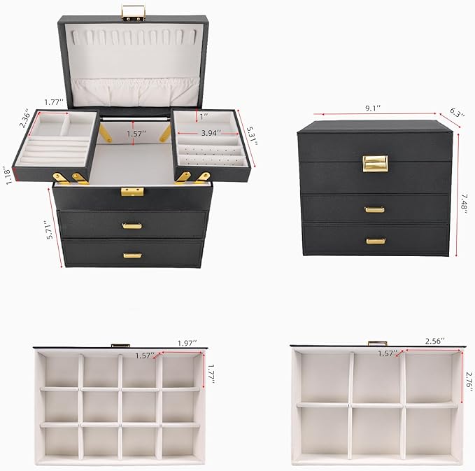 Dajasan Jewelry Organizer Box, Large Jewelry Boxes for Women Girls, Space-Saving 4 Layers Jewelry Storage Case with Drawer, M