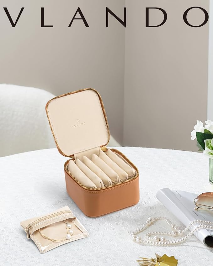 Vlando Jewelry Travel Case,Travel Jewelry Organizer with Clear Velvet Jewelry Bags 6Pcs Zipper Pouch for Women-Brown