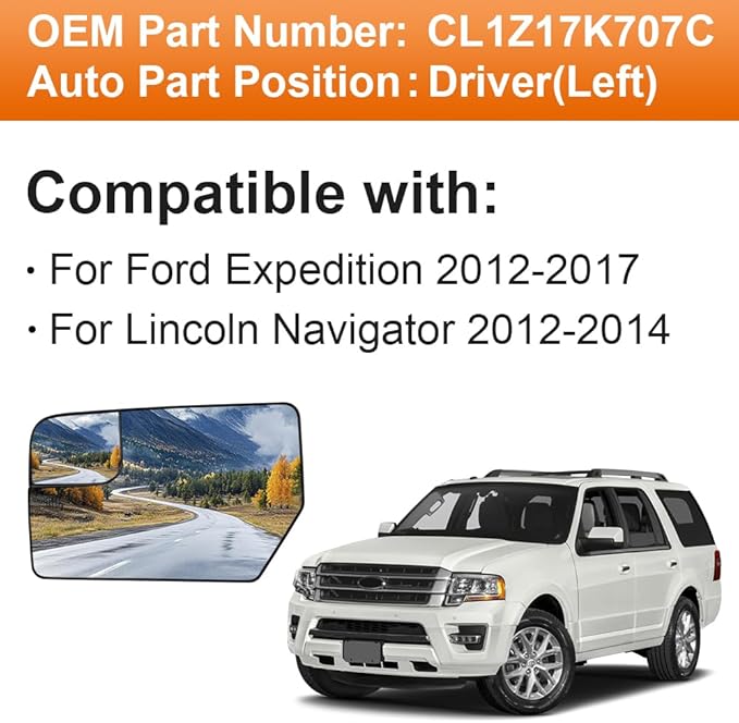 Senzeal Driver Side Heated Mirror Glass Replacement for Ford Expedition 2012-2017 Lincoln Navigator 2012-2014 Blind Spot Mirror Glass CL1Z17K707C (Left Side)