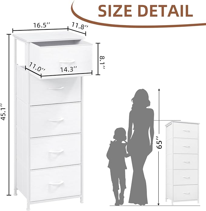 Somdot Tall Dresser for Bedroom with 5 Drawers, Storage Organizer Chest of Drawers with Removable Fabric Bins for Closet Beds