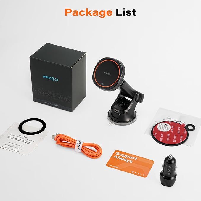 APPS2Car Magnetic Car Phone Mount - Designed Only for MagSafe iPhone 17-12 Series, Orange/Black Data Cable (Random)