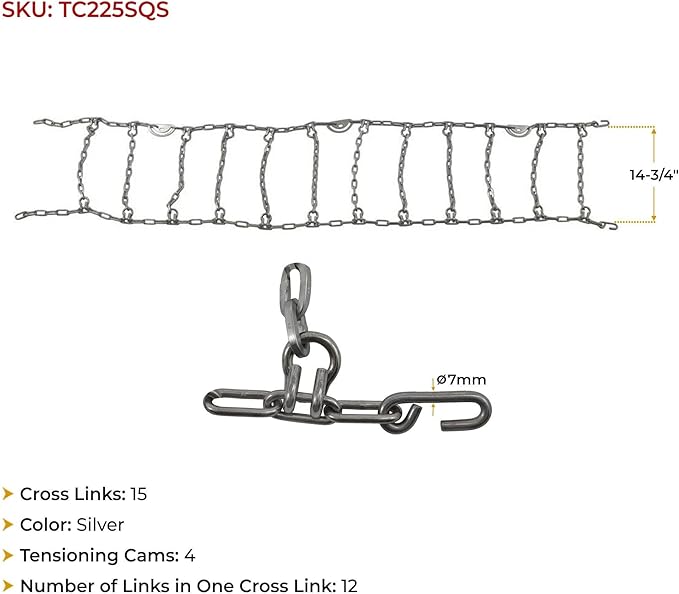 Mytee Products 2 Pair CAM Square Link Snow Chains Compatible w/ 22.5" Rim Diameter & 11" Wide Car Pickup Low-Duty Trucks SUV 