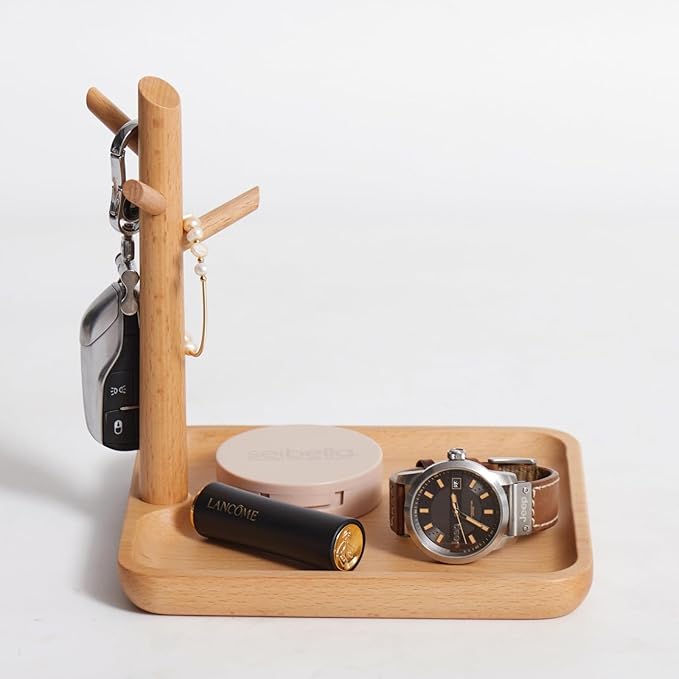 Solid Beech Wood Key Tray and Bowl for Entryway Table - Smooth Polished Branch-Shaped Organizer With Hooks for Keys, Wallet, 
