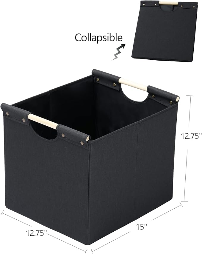 HOONEX Large Collapsible Storage Bins, Linen Fabric, Pack of 2, Storage Baskets with Wooden Carry Handles and Sturdy Heavy Ca