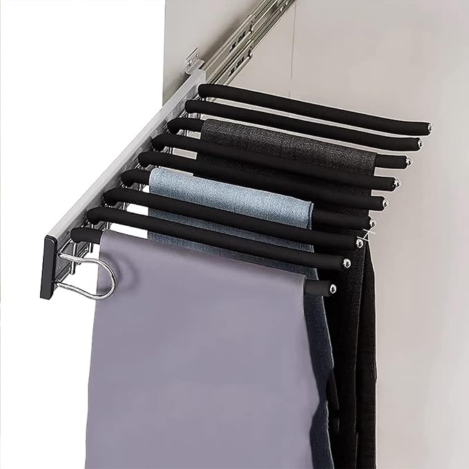 Pull Out Clothes Rail Extendable Pull Out Closet Rod - Wardrobe Pull-Out Trousers Rack, Expandable Wardrobe Rack 9 Trouser Wa