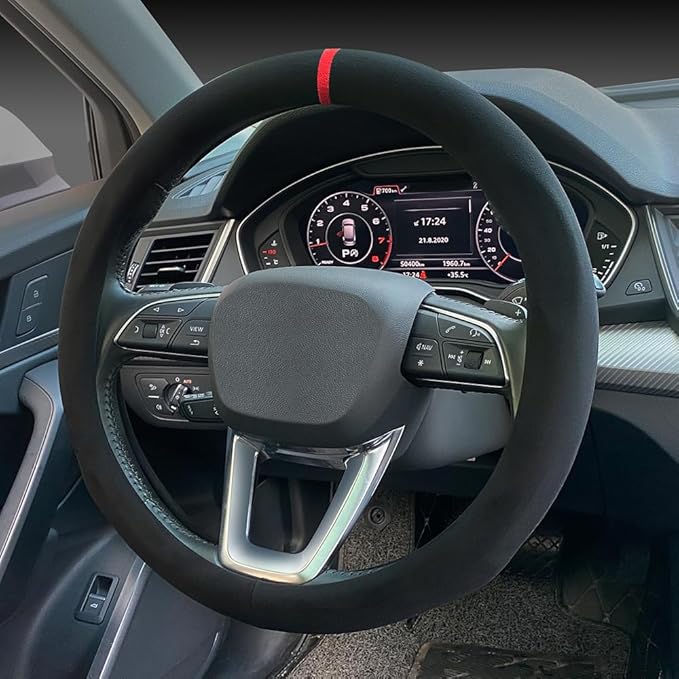 Carodi Suede Steering Wheel Cover ， Non-Slip Leather Car Interior Fitting 15-inch Universal
