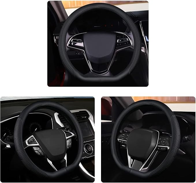 D Shape Steering Wheel Cover,Universal 14.5-15 Inch Car Black Leather Steering Wheel Wrap with Better Sport Grip for Men Wome