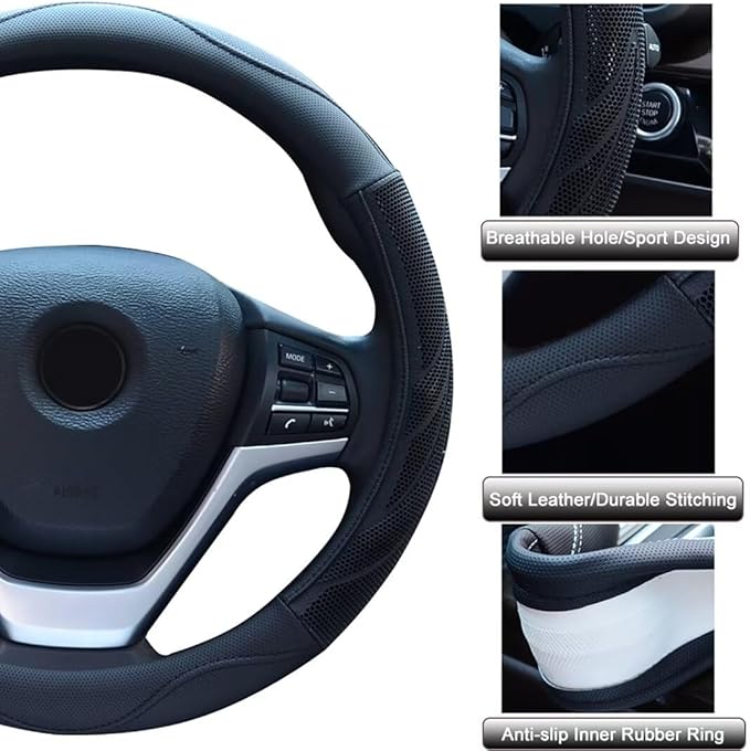 Alusbell Breathable Auto Car Steering Wheel Cover for Men and Women Microfiber Leather 15 Inches Black