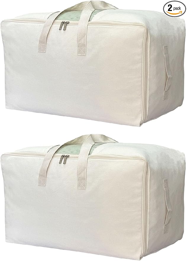 Soft Canvas Clothes Storage Bags with Four Carrying Handles and Clear Window, Closet Organizer for Clothing, Blankets Sheets 