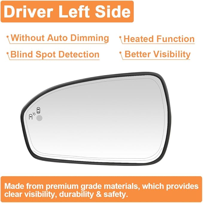 Senzeal Driver Side Heated Mirror Glass with Blind Spot Detection BLIS for Ford Fusion 2013 2014 2015 2016 2017 2018 2019 2020 2021 DS7Z17K707H DS7Z-17K707-H (No Auto Dimming)(Left Side)