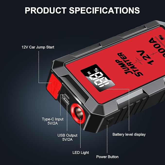 6000A Car Jump Starter, 12V Jump Starter Battery Pack (All Gas,up to 10.0L Diesel Engine) Jumper Cables Portable Lithium