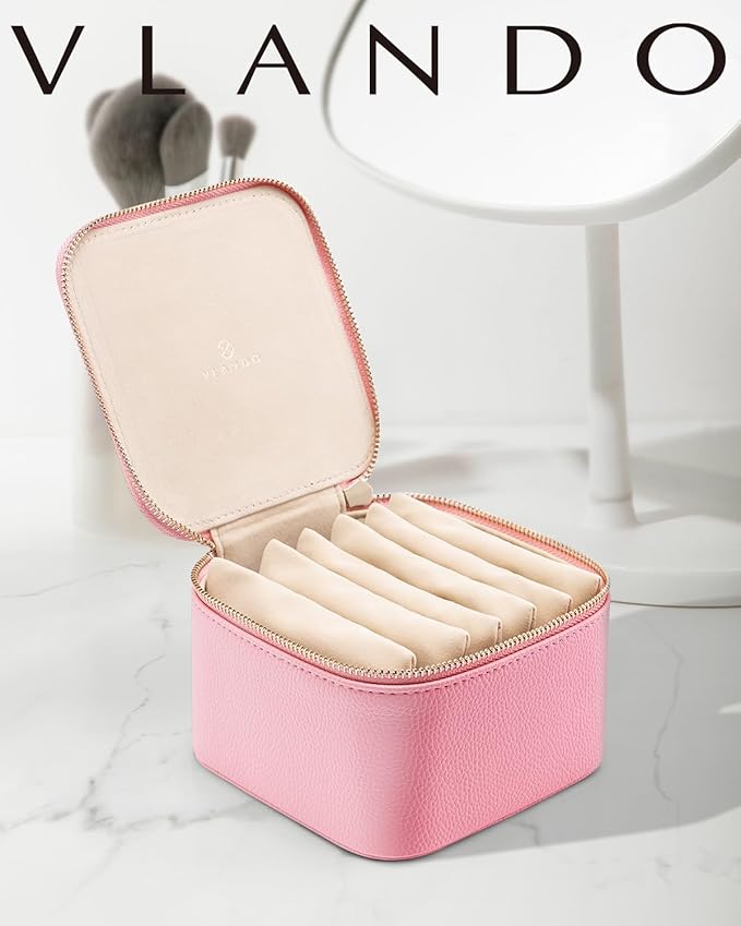 Vlando Travel Jewelry Box for Women,Faux Leather Jewelry Case with 6 Velvet Jewelry Zipper Pockets,Gift Ideas for Women Wife 
