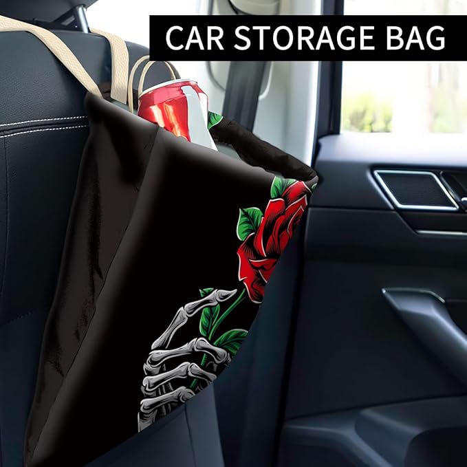 Car Trash Can, Cute Car Trash Bag, Hanging Car Organizer and Storage Bag, Trash Bin for Car Accessories, Vehicle, Travelling, Camping Cool Skull hand and Rose