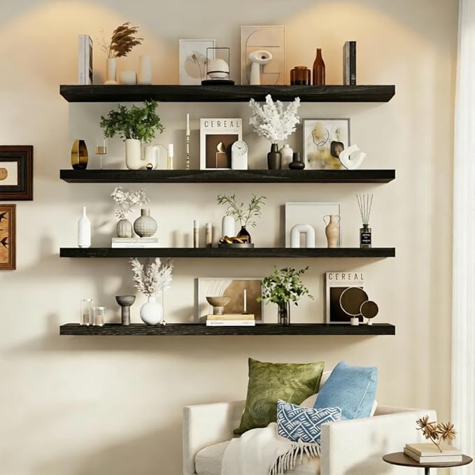 IEO Long Wooden Floating Shelves for Room Wall, Natural Wood Floating Shelves Wall Mounted Kitchen Shelf for Living Room, Bed