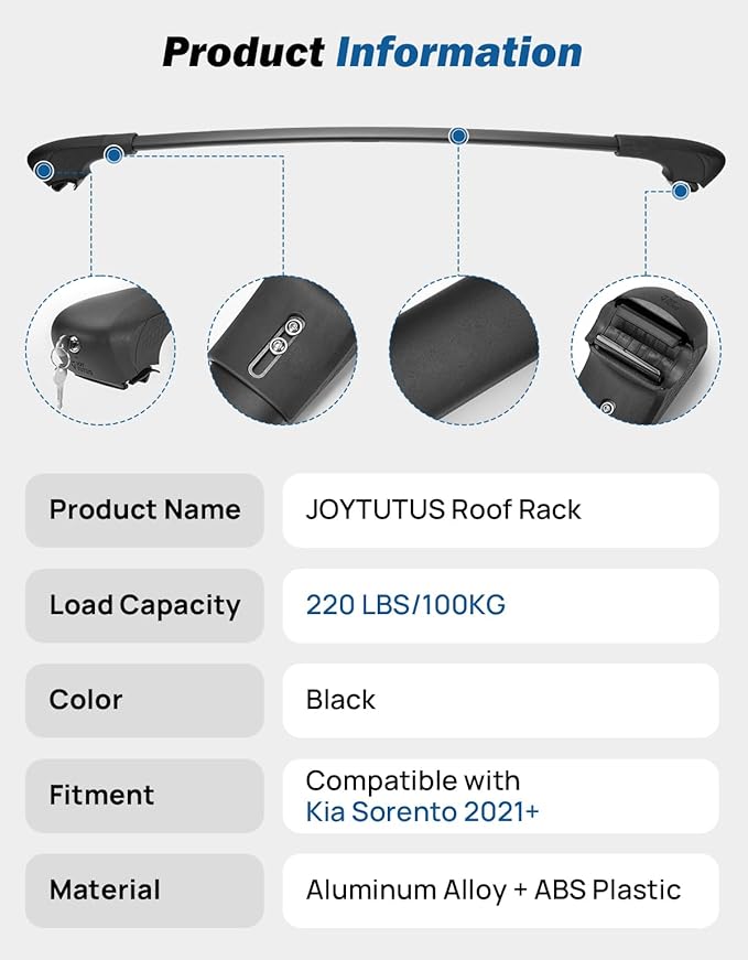 JOYTUTUS 220lbs Roof Rack Cross Bars Compatible with Kia Sorento/Sorento Hybrid 2021-2025 (NOT Fit X-Line/X-Pro), Heavy Duty Aluminum Roof Rails Crossbars Rooftop Cargo Carrier Luggage
