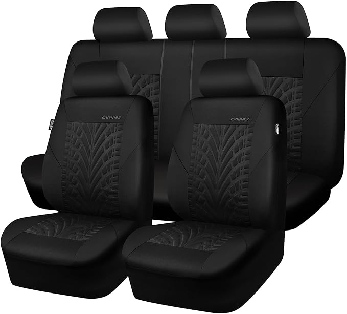 CAR PASS Car Seat Covers Full Sets, Front & Split Rear Bench for Car, 3D Tyre Embossed Automotive Interior Covers, Airbag Com