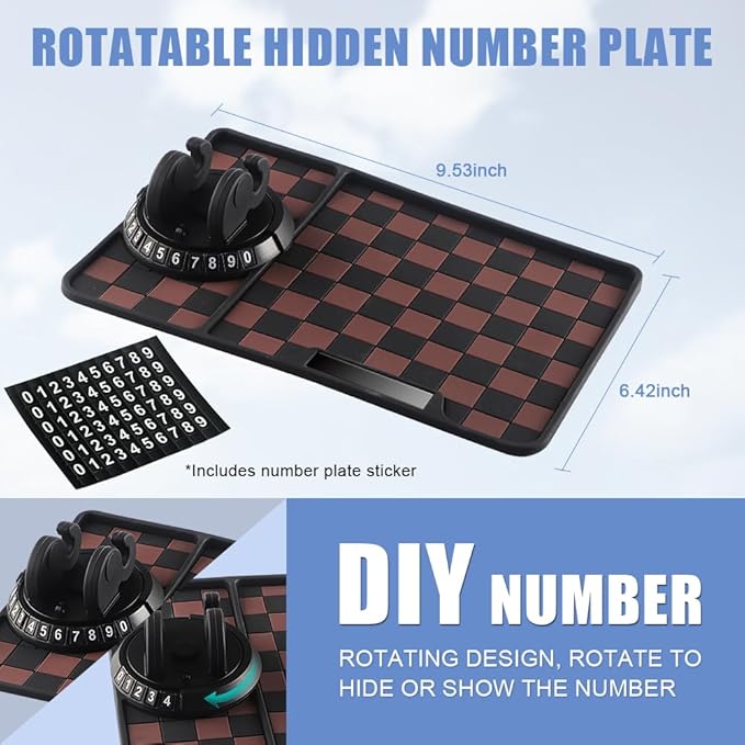 Car Anti Slip Mat Dashboard Tray Decorations Sticky Pad Thicken Washable with 360° Rotating Universal Phone Pad Holder+Number