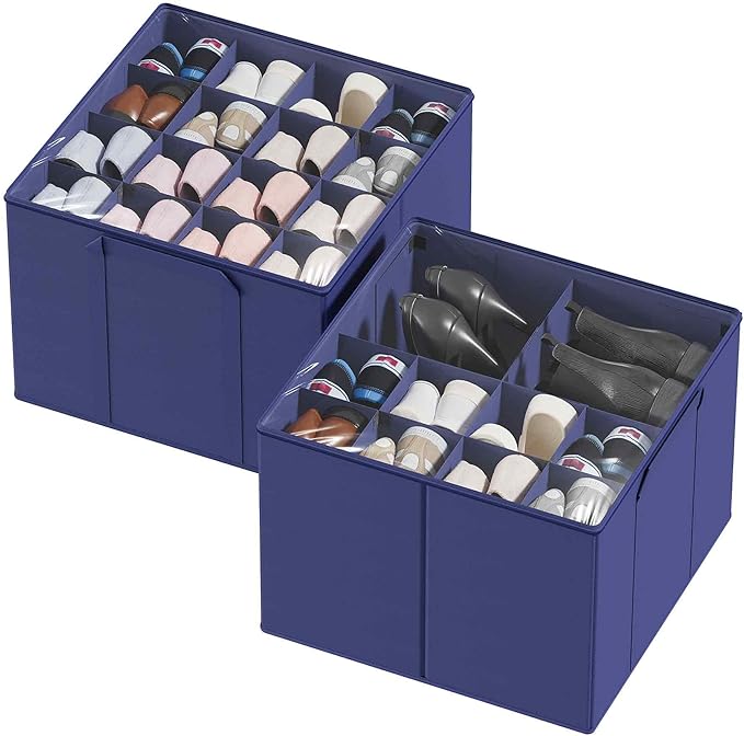 SpaceAid Shoe Organizer for Closet, 2 Pack Foldable Shoe Storage Containers Baskets Boxes Bins w/Adjustable Dividers, Fits 16