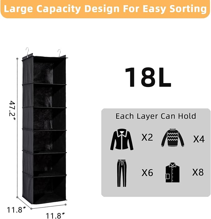 2 Packs Hanging Closet Organizer, 6-Shelf Closet Organizers and Storage with Side Pockets, Collapsible Hanging Shelves for Cl