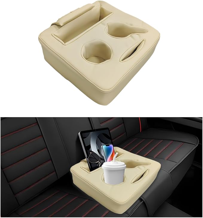 Car Back Seat Organizer, Leather Automotive Rear Seat Couch Cup Holder Expander Tray, Vehicle Cup Holder Tray Holds Snacks Remotes Phones for Truck RV Boat Couch Pillow Bed (Beige)