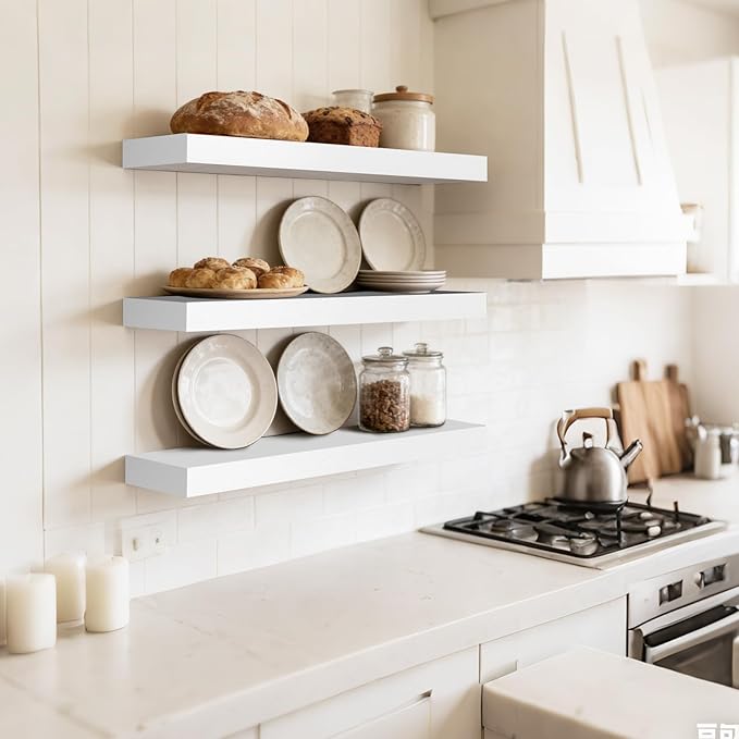 Floating Wall Shelf 16x6.8x1.7 Inch – Solid Wood Shelf in White Finish – Wall Mounted Rustic Display Organizer for Bathroom, 