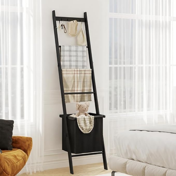 BAMBANG Bamboo Blanket Ladder with Basket, 5-Tier Quilt Rack Stand with 4 Hooks & Storage Hamper for Living Room Bathroom, Wa