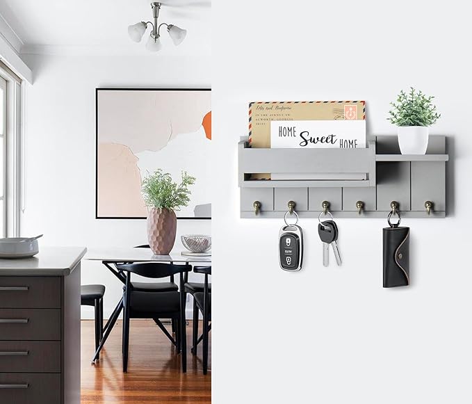 RelaxScene Key Holder Wall Mount - Key Hooks for Wall Decor Living Room - Wooden Key Hanger Rack and Mail Organizer with Shel