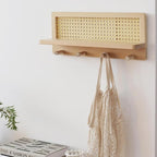 FRIADE PE Rattan Coat Rack Shelf Wall Mounted with 4 Hooks, Decorative Coat Hook Rack with Floating Shelf for Entryway, Nurse