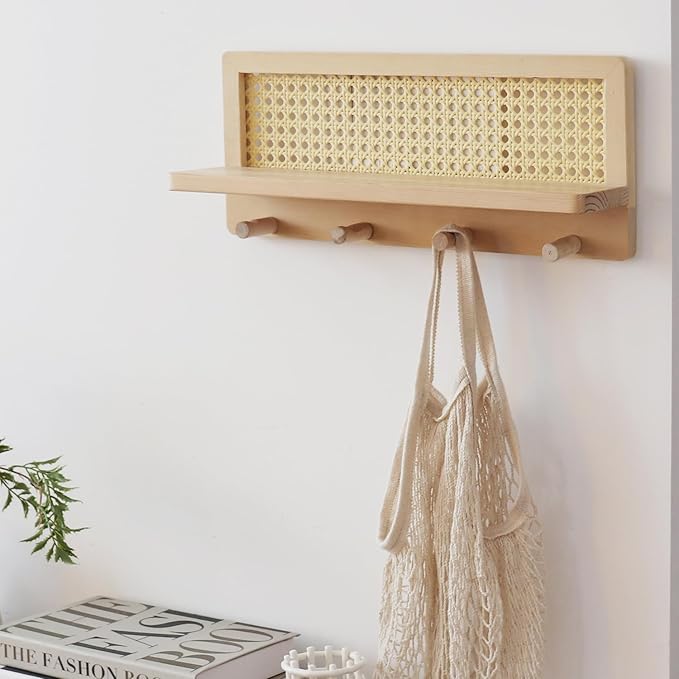 FRIADE PE Rattan Coat Rack Shelf Wall Mounted with 4 Hooks, Decorative Coat Hook Rack with Floating Shelf for Entryway, Nurse