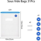 Sous Vide Bags 31 Pcs (24 Pcs Vacuum Zipper Bags & 2 Seal Clips & 5 Air Valves), Reusable BPA Free Vacuum Sealer Bags (13 * 1