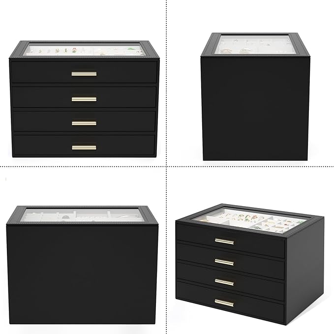 AKOZLIN Jewelry Box with Clear Lid Functional Leather Jewelry Storage Organizer Case 4 Drawers for Women Girls Necklace Ring 