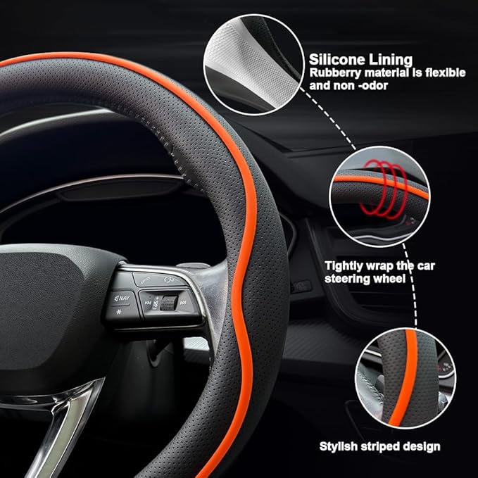 HAOTULE Leather Steering Wheel Cover， with Anti-Slip Stripe Design - Enhanced Grip, Fashion Style, Safe, Non-Slip, Breathable