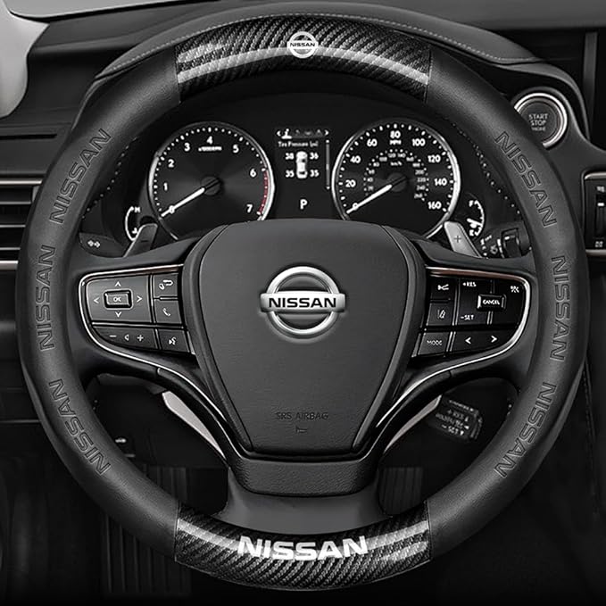 Customized Steering Wheel Cover Compatible with Nissan, Premium Nappa Leather&Bright Carbon Fiber Texture Steering Wheel Cover, with Coasters and 3-in-1 USB Fast Charging Cable (Black)