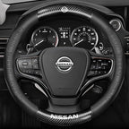 Customized Steering Wheel Cover Compatible with Nissan, Premium Nappa Leather&Bright Carbon Fiber Texture Steering Wheel Cover, with Coasters and 3-in-1 USB Fast Charging Cable (Black)