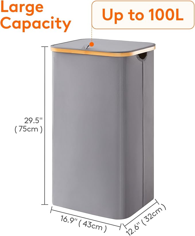 Lifewit 100L Laundry Basket with Lid, Clothes Hampers for Laundry with Bamboo Handles and 1 Removable Bag, Large Foldable Lau