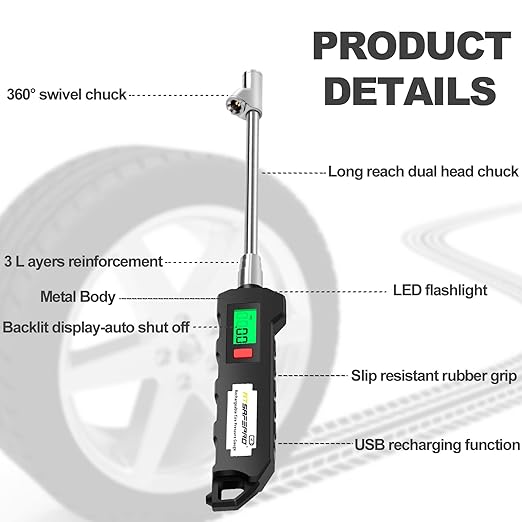 ATsafepro Chrome Plated Steel Dual Head Tire Inflator - 150 PSI, Backlight LCD & Flashlight, Rechargeable for Semi, Truck, RV & Cars