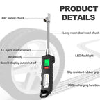 ATsafepro Chrome Plated Steel Dual Head Tire Inflator - 150 PSI, Backlight LCD & Flashlight, Rechargeable for Semi, Truck, RV & Cars