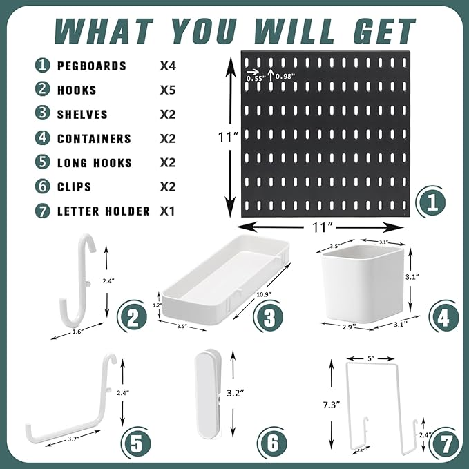 MULSAME Pegboard Combination Kit, Wall Mounted Storage Set with 4 Pegboards & 14 Accessories Hanging, Black Peg Boards Organi